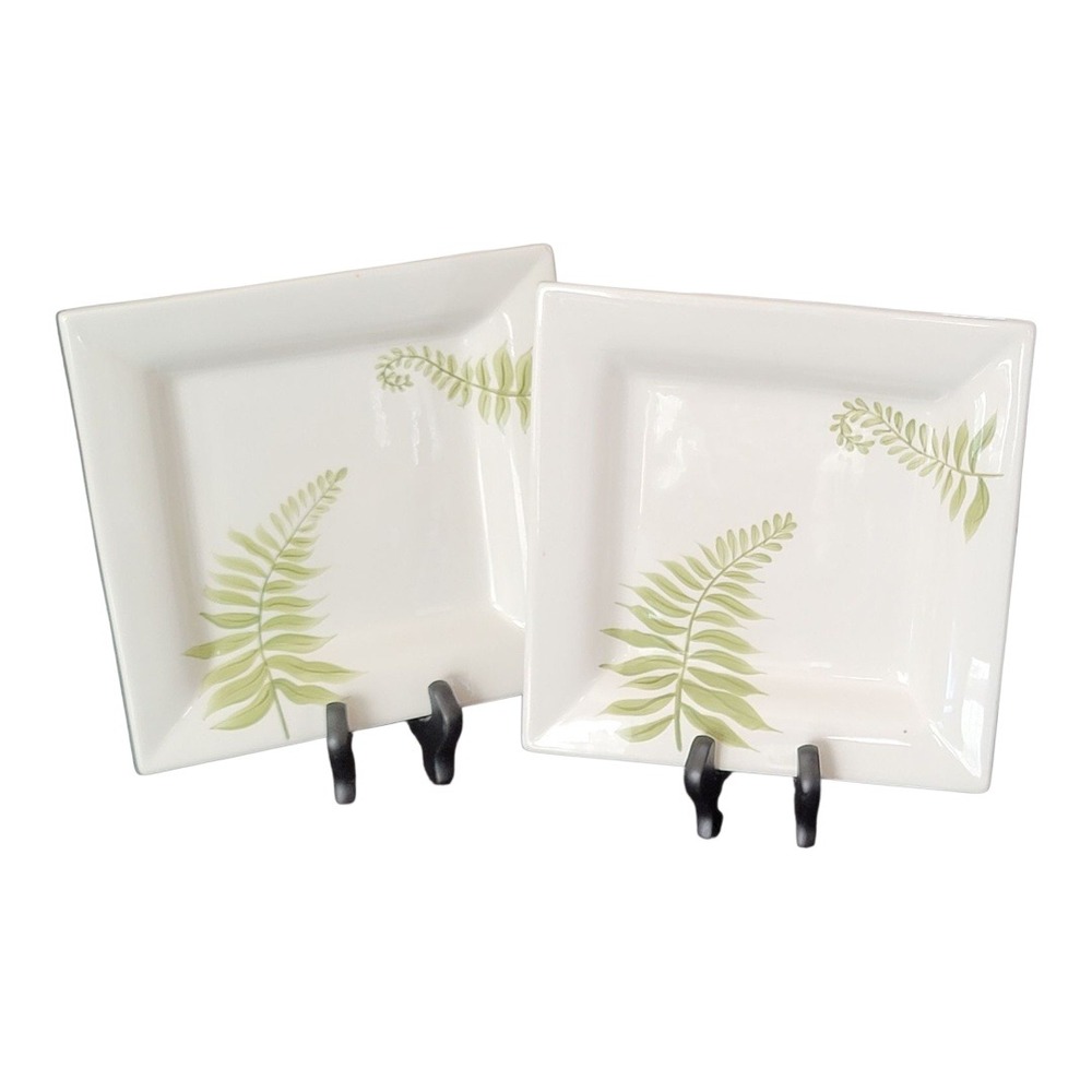 Pottery Barn Fern Square Plate‎ Botanical Leaves Modern Dinnerware RARE EUC